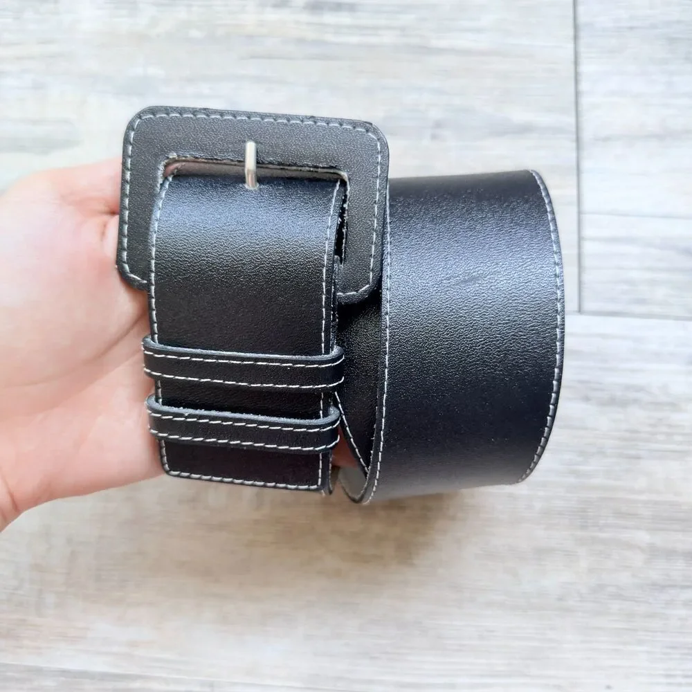 Vintage Wide Black Leather Belt Square Covered Buckle Size 30 Minimalist